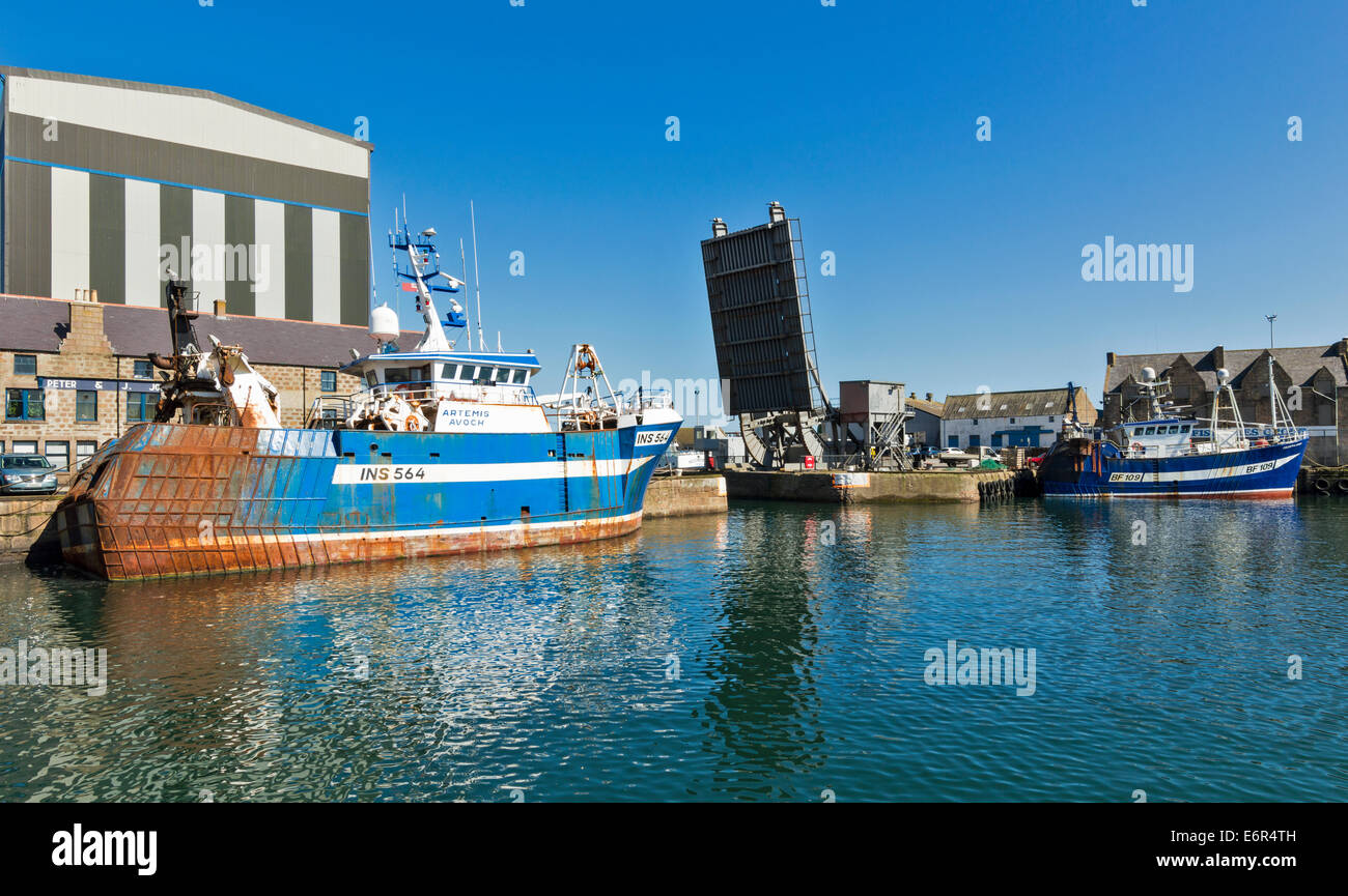 Port de chalutiers AMARRÉS PETERHEAD ABERDEENSHIRE ET SOULEVÉES DANS LE DOMAINE DE LA PÊCHE PONT Banque D'Images