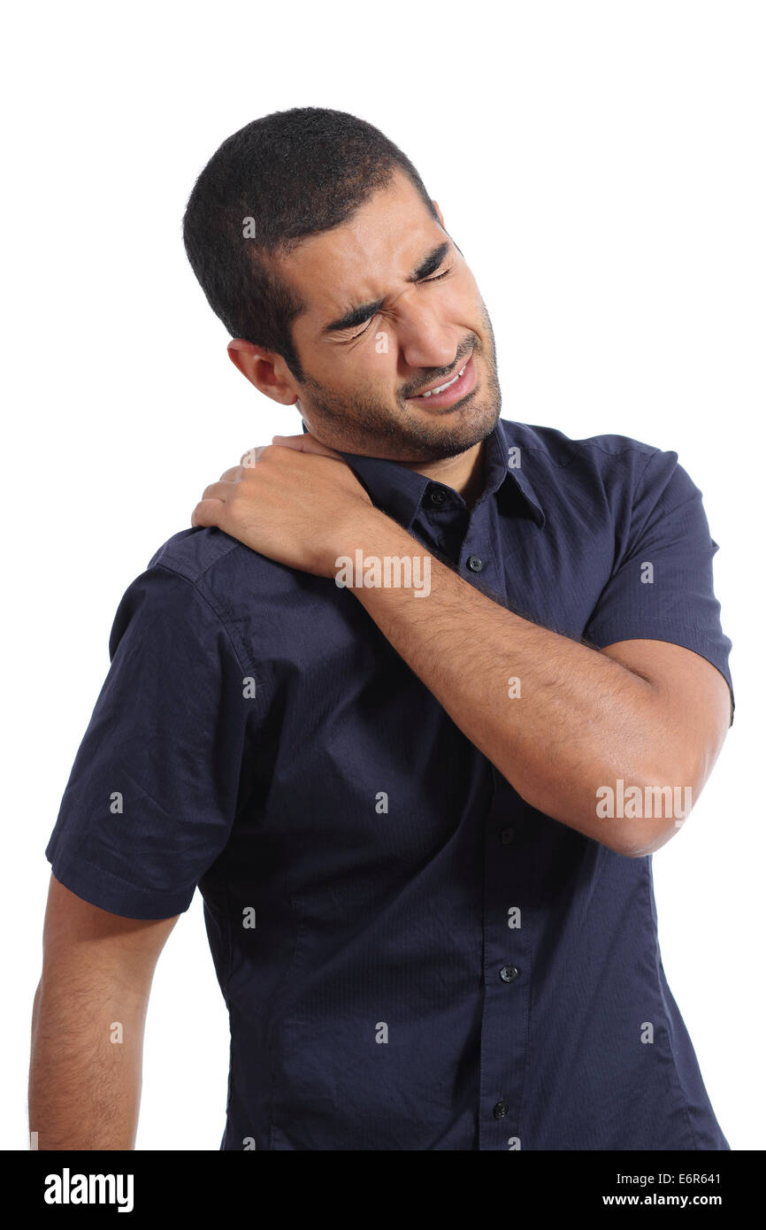 L'homme arabe plaintes avec épaulement ache isolé sur fond blanc Banque D'Images