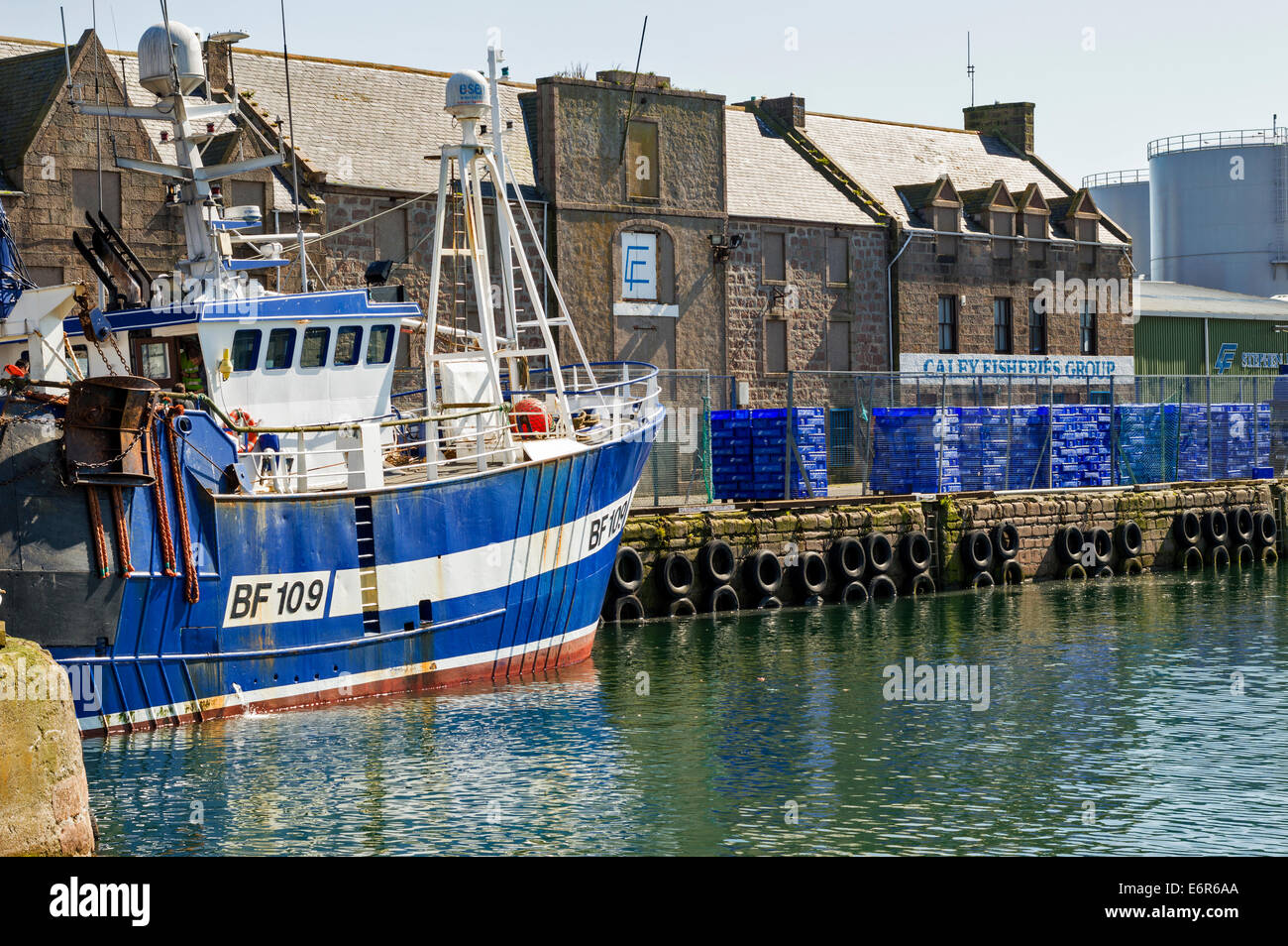 Port de Peterhead, chalutier ABERDEENSHIRE ET BLEU des caisses à poisson à l'EXTÉRIEUR DE LA PÊCHE CALEY BÂTIMENTS GROUPE Banque D'Images