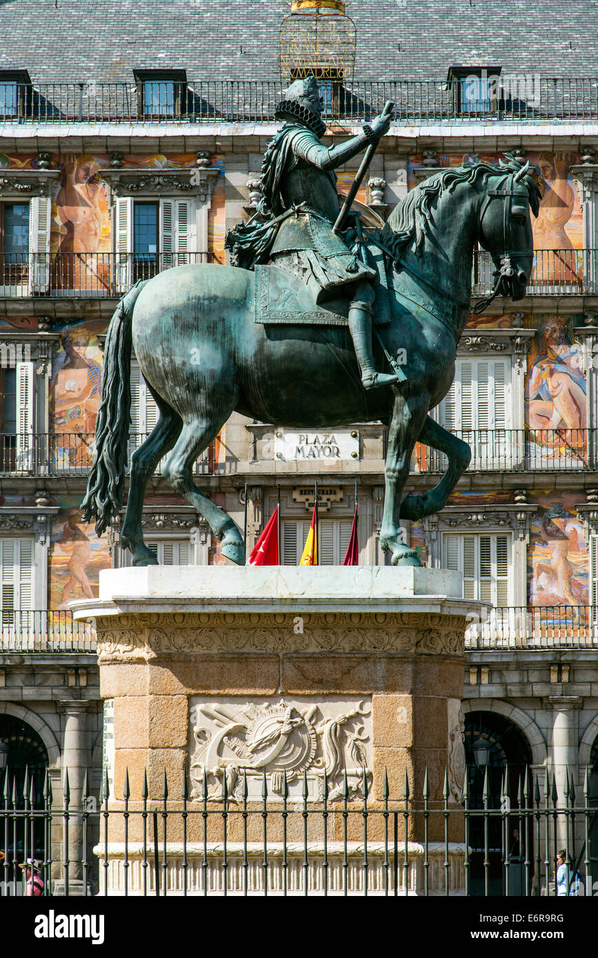 La statue équestre de Philippe III ou Felipe III, la Plaza Mayor, Madrid, Comunidad de Madrid, Espagne Banque D'Images