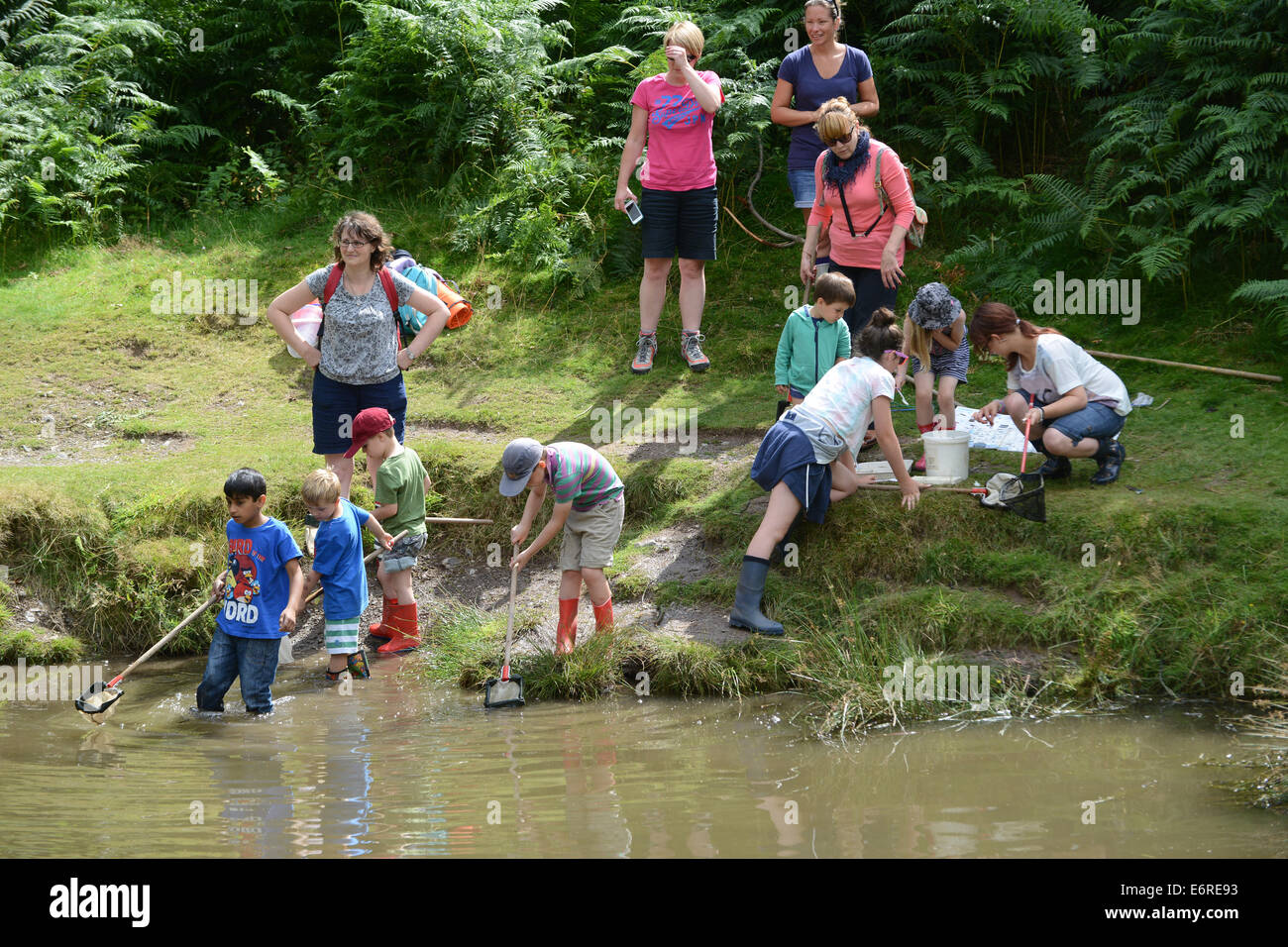 Enfants Les enfants à pendage vers l'étang de la vallée de moulin à carder site UK National Trust Banque D'Images