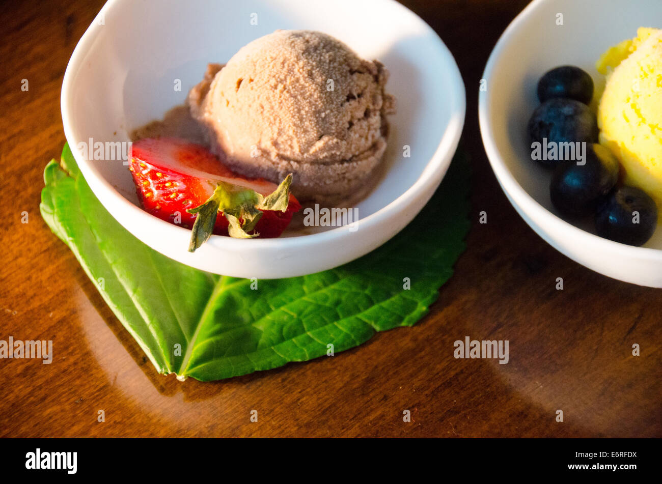 Bol de chocolat ou sorbet gelato avec fraise, à côté d'un bol de glace ou sorbet au citron avec des bleuets Banque D'Images