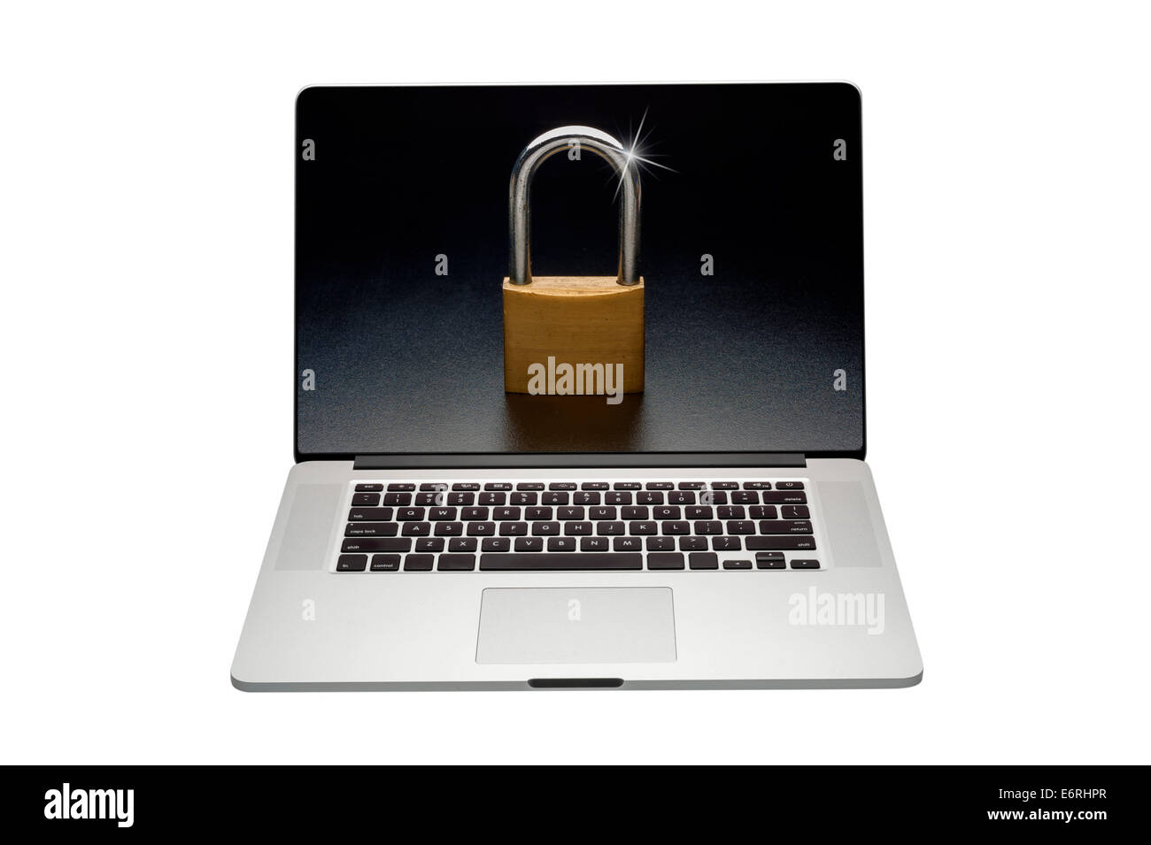 Verrou de sécurité Internet sur un ordinateur portable moniteur, isolé sur fond blanc Banque D'Images