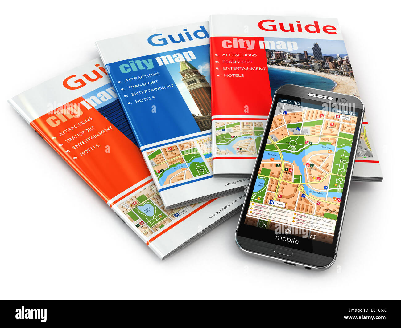 Téléphone mobile GPS navigation et guide de voyage de livres. 3d Banque D'Images