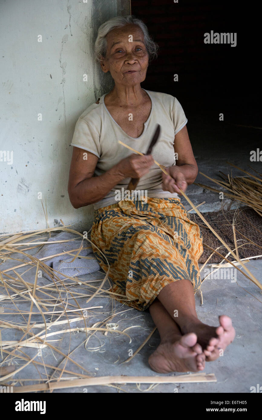 Yogyakarta, Java, Indonésie. Vieille Femme La préparation de palmier pour Basket-Making. Banque D'Images