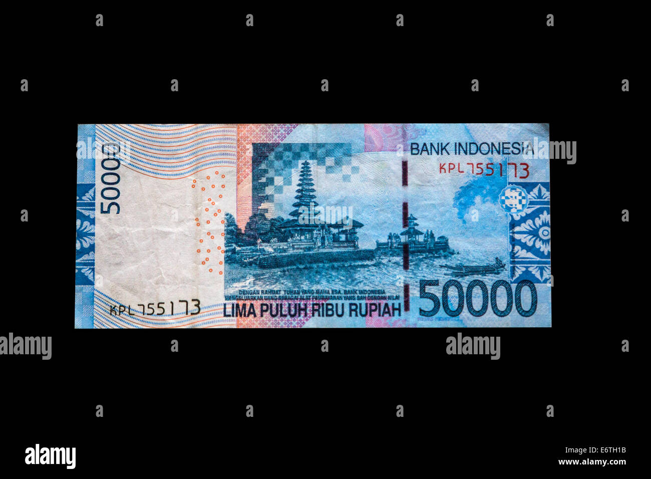 Yogyakarta, Java, Indonésie. Billet de 50 000 roupies, face arrière. (Le Temple Pura Ulun Danu Bratan), Bali. Banque D'Images