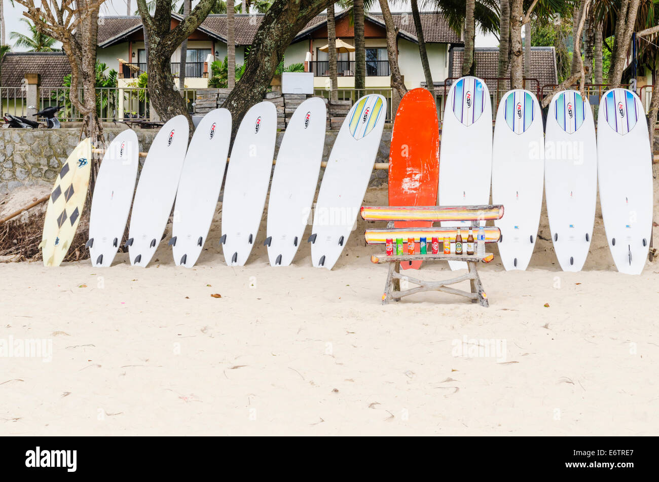Rangée de planches de différentes tailles à la location sur Kata Beach, Phuket, Thailand Banque D'Images