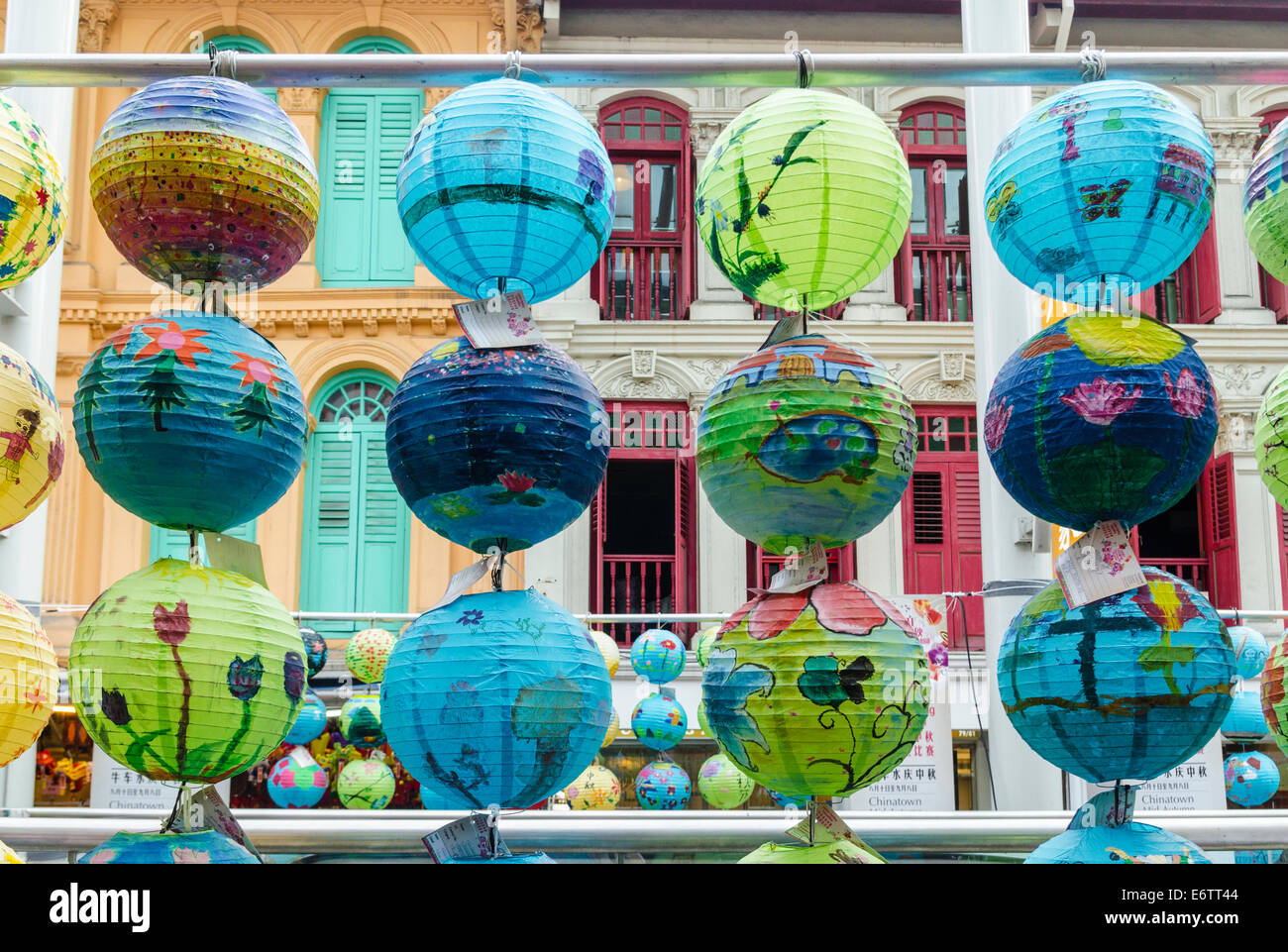 Détail de lanternes, partie d'un concours de peinture pour lanterne la Mi-automne dans Chinatown, Singapour Banque D'Images