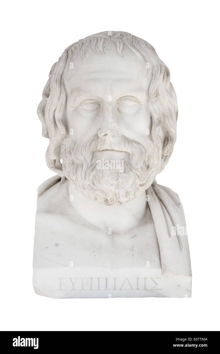 Buste en marbre isolé d'Euripide, est mort en 406 avant Chr.. La sculpture à l'Achilleion de Corfou en Grèce. Banque D'Images