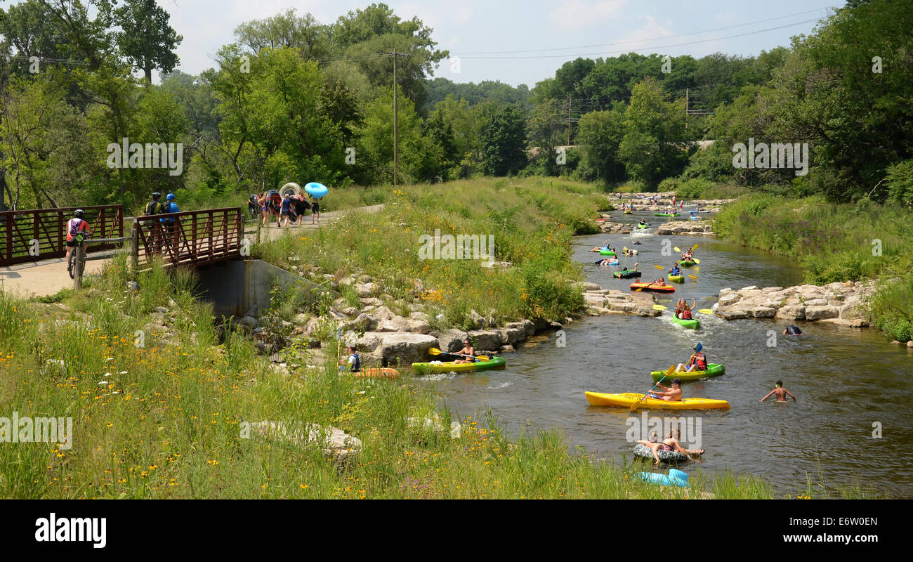 ANN Arbor, MI - Août 3 kayakistes : enjoythe rapides à la Cascades Argo à Ann Arbor, MI, le 3 août 2014, tandis que d'autres à pied bac Banque D'Images