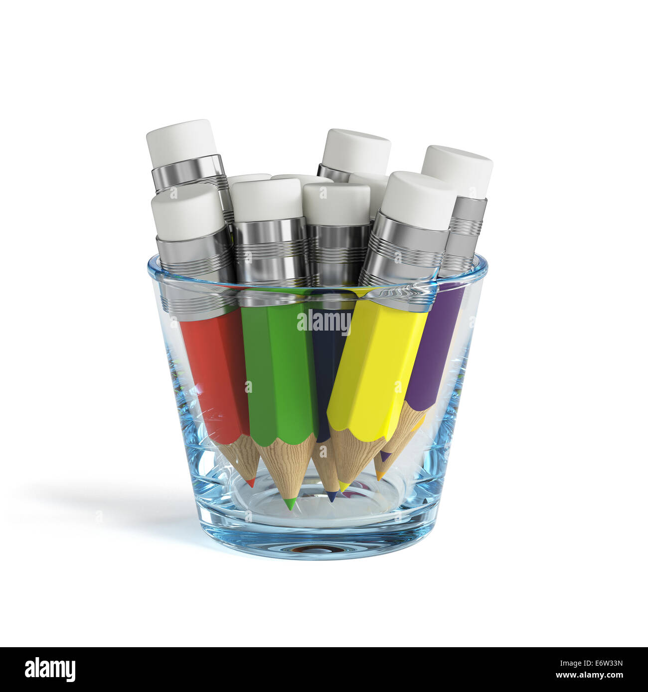 3D render of colorful crayons situé dans le verre transparent isolé sur fond blanc Banque D'Images