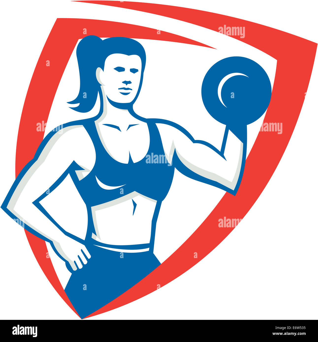 Illustration d'un entraîneur personnel féminin athlète professionnel remise en forme d'haltère de levage flexing muscles vue de l'avant à l'intérieur set shield fait en style rétro. Banque D'Images