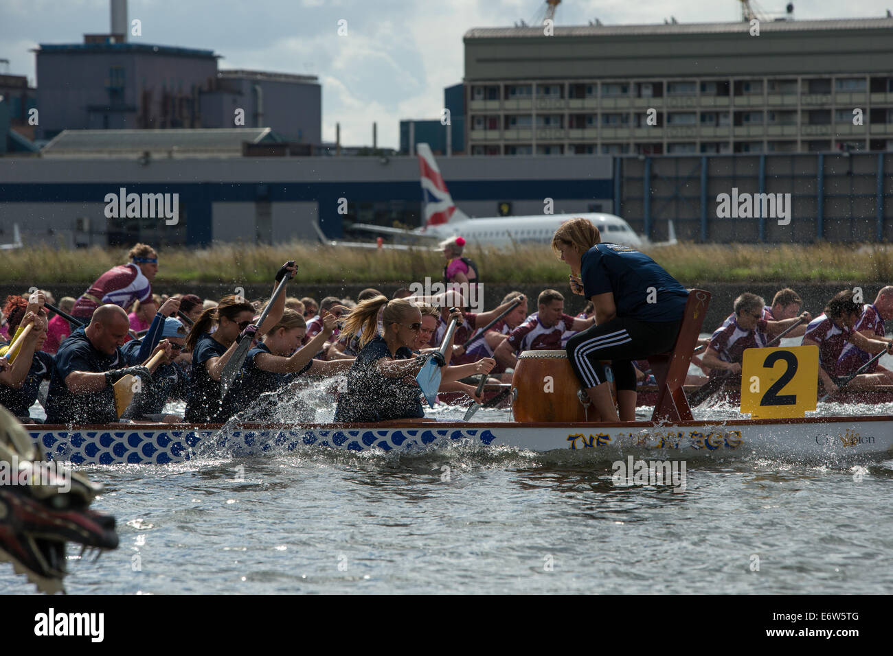 Londres, Royaume-Uni. 31 août 2014. La dernière régate de Ligue nationale BDA la course de bateaux-dragons a eu lieu au London Regatta Centre, Royal Albert Docks, Londres Banque D'Images
