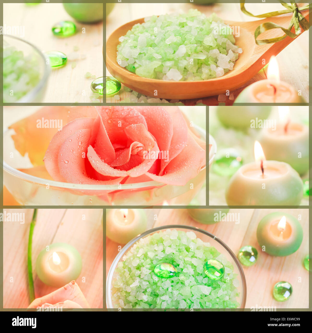 Collage de bien-être avec l'eau florale et sels de bain - spa collage Banque D'Images