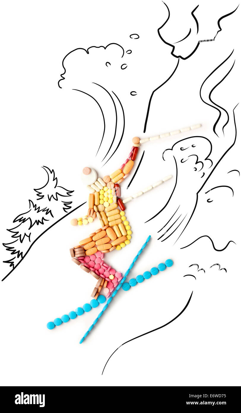 Le dopage pilules et médicaments dans la forme d'un skieur professionnel sautant d'une falaise. Banque D'Images