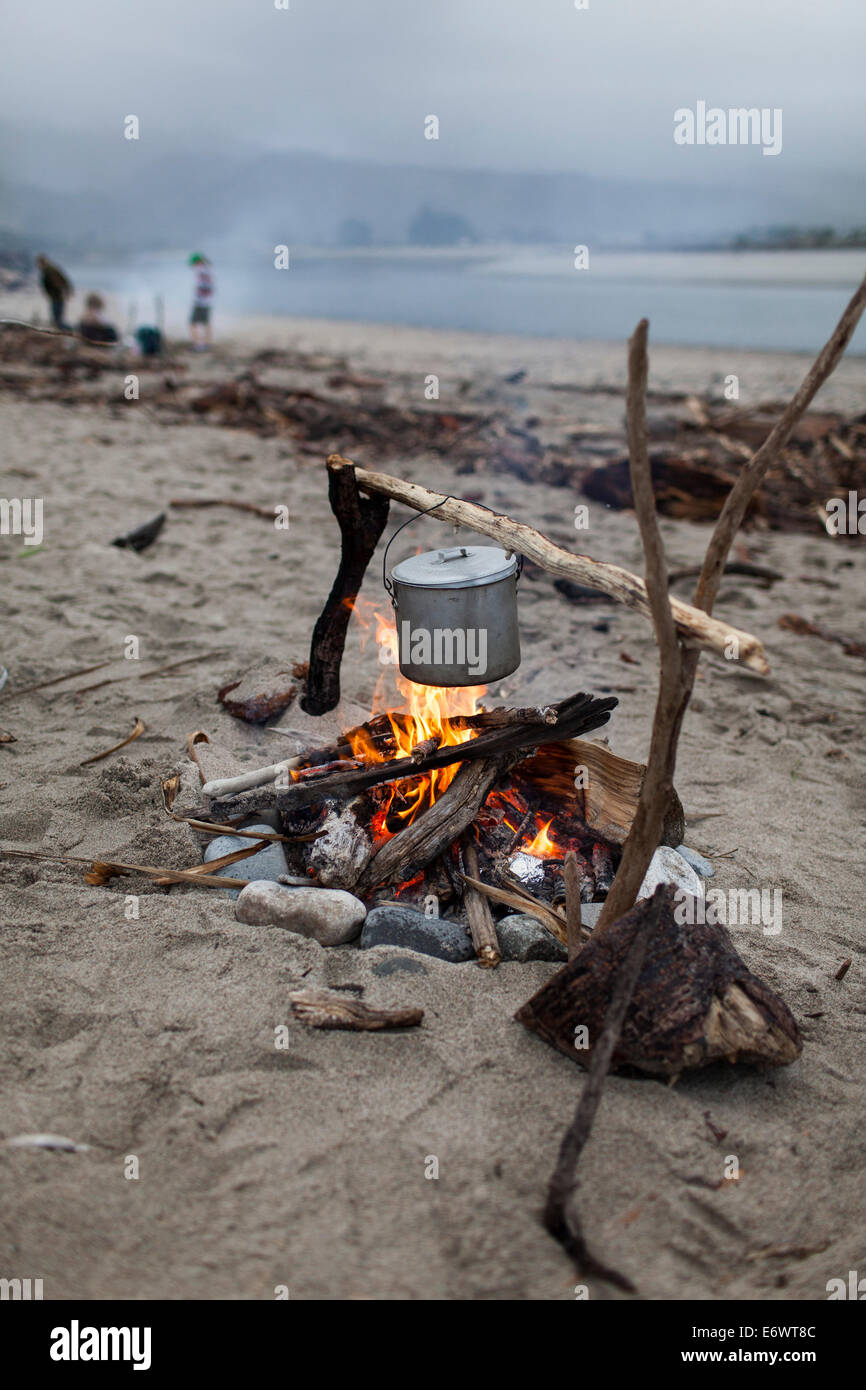 La cuisson sur un feu de camp sur la plage, Billy ne peut, île du Sud, Nouvelle-Zélande Banque D'Images