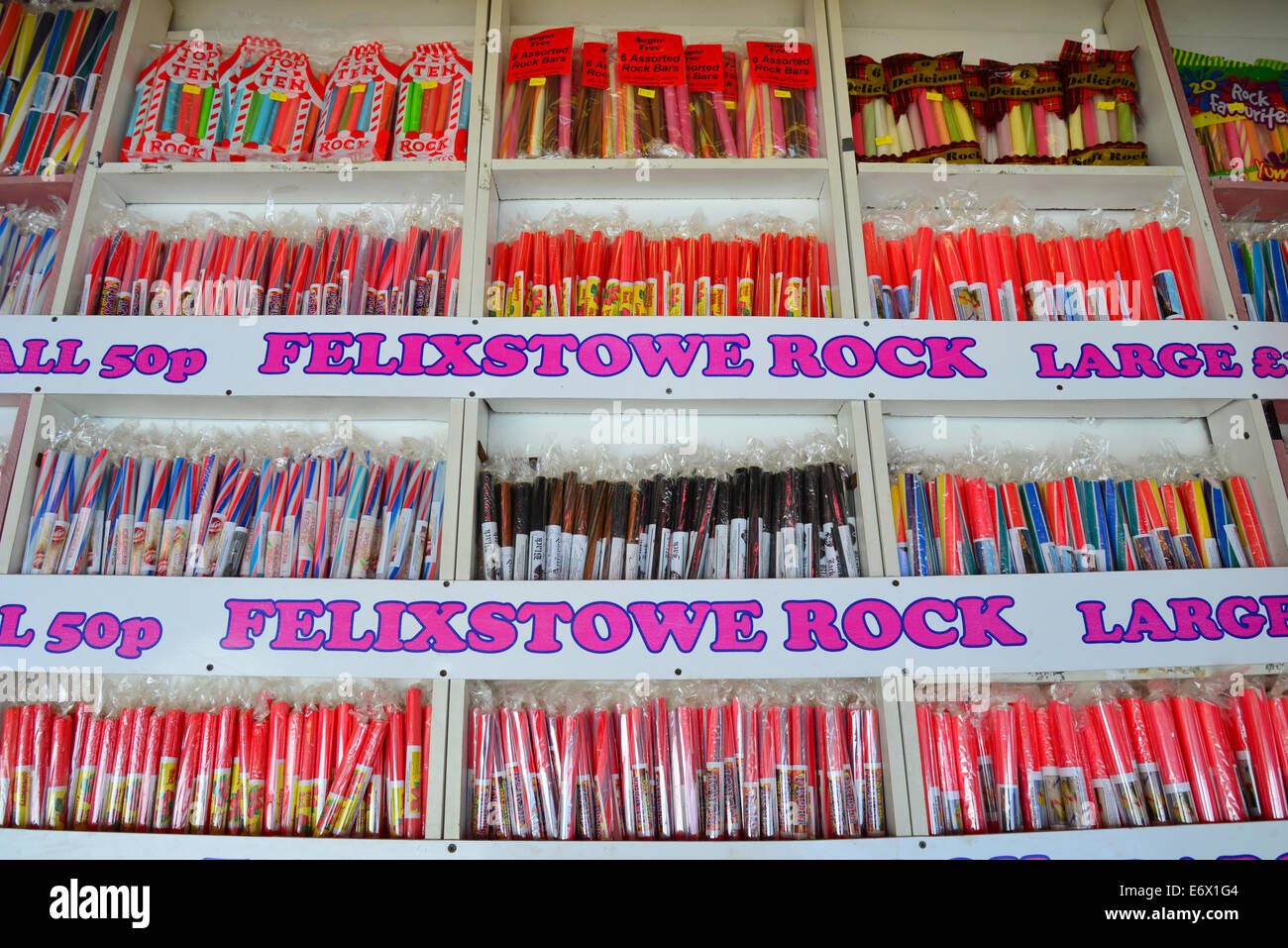 Felixstone rock candy, Felixstowe, Suffolk, Angleterre, Royaume-Uni Banque D'Images
