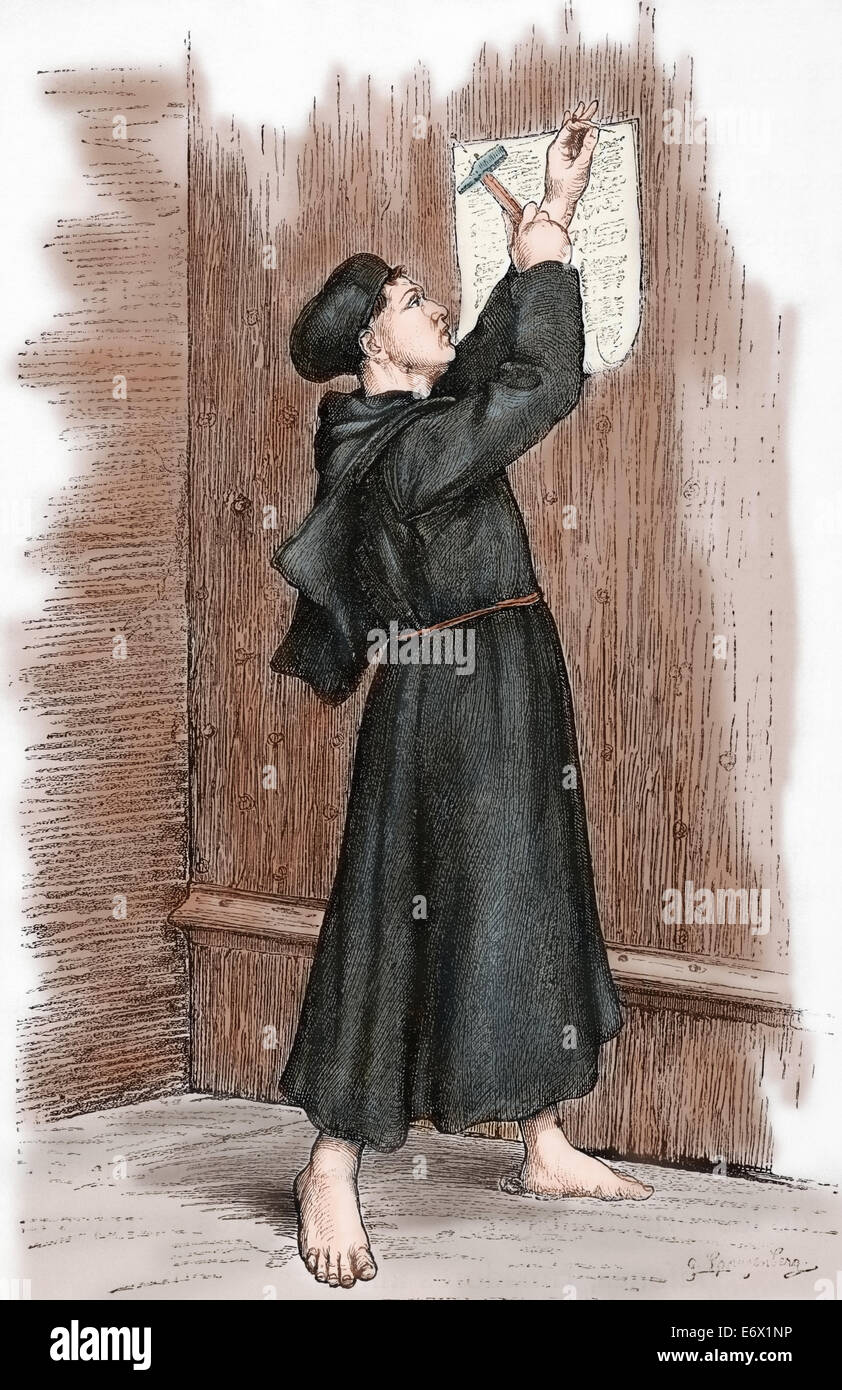 Martin Luther (1483-1546). Le réformateur allemand. Pendant ses 95 thèses de Luther, à Wittenberg, 1517. La gravure. De couleur. Banque D'Images