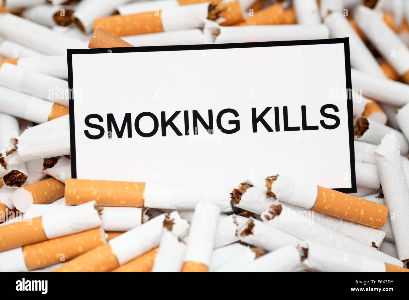 Arrêter de fumer ! Cigarettes cassées et message d'avertissement "fumer tue". Close-up. Banque D'Images