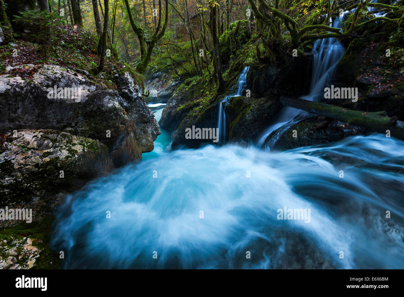 Vue d'une chute dans les profondeurs de l'Lepenatal, petit affluent de la Soca dans le parc national du Triglav, Slovénie, Gorenjska Banque D'Images