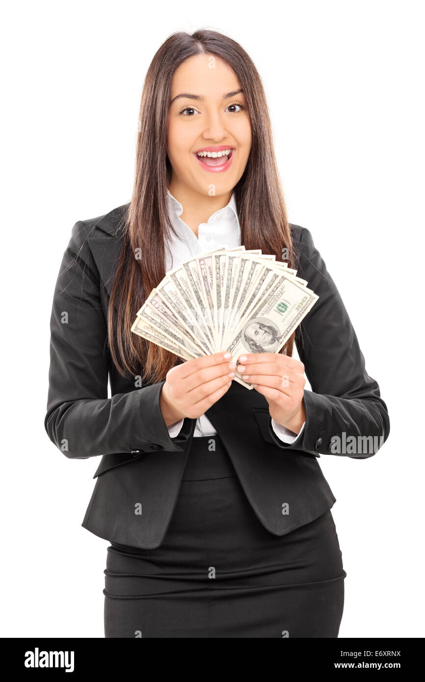 Ravi businesswoman holding une pile d'argent isolé sur fond blanc Banque D'Images