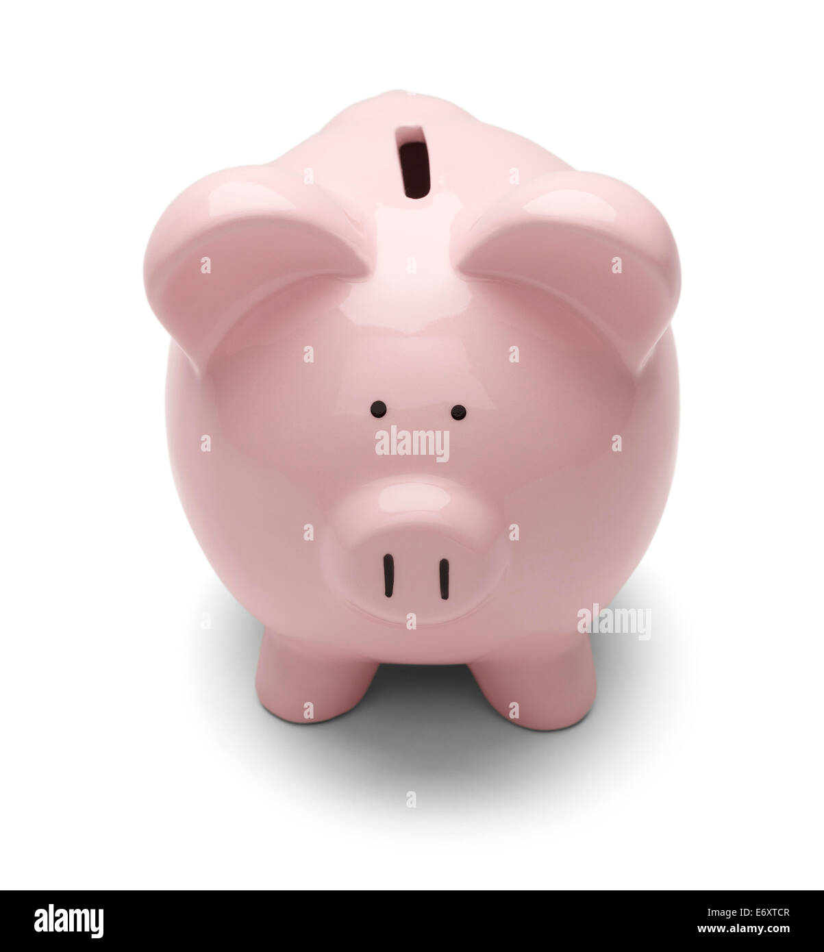 Kids Pink Piggy Bank à l'avant, isolé sur fond blanc. Banque D'Images