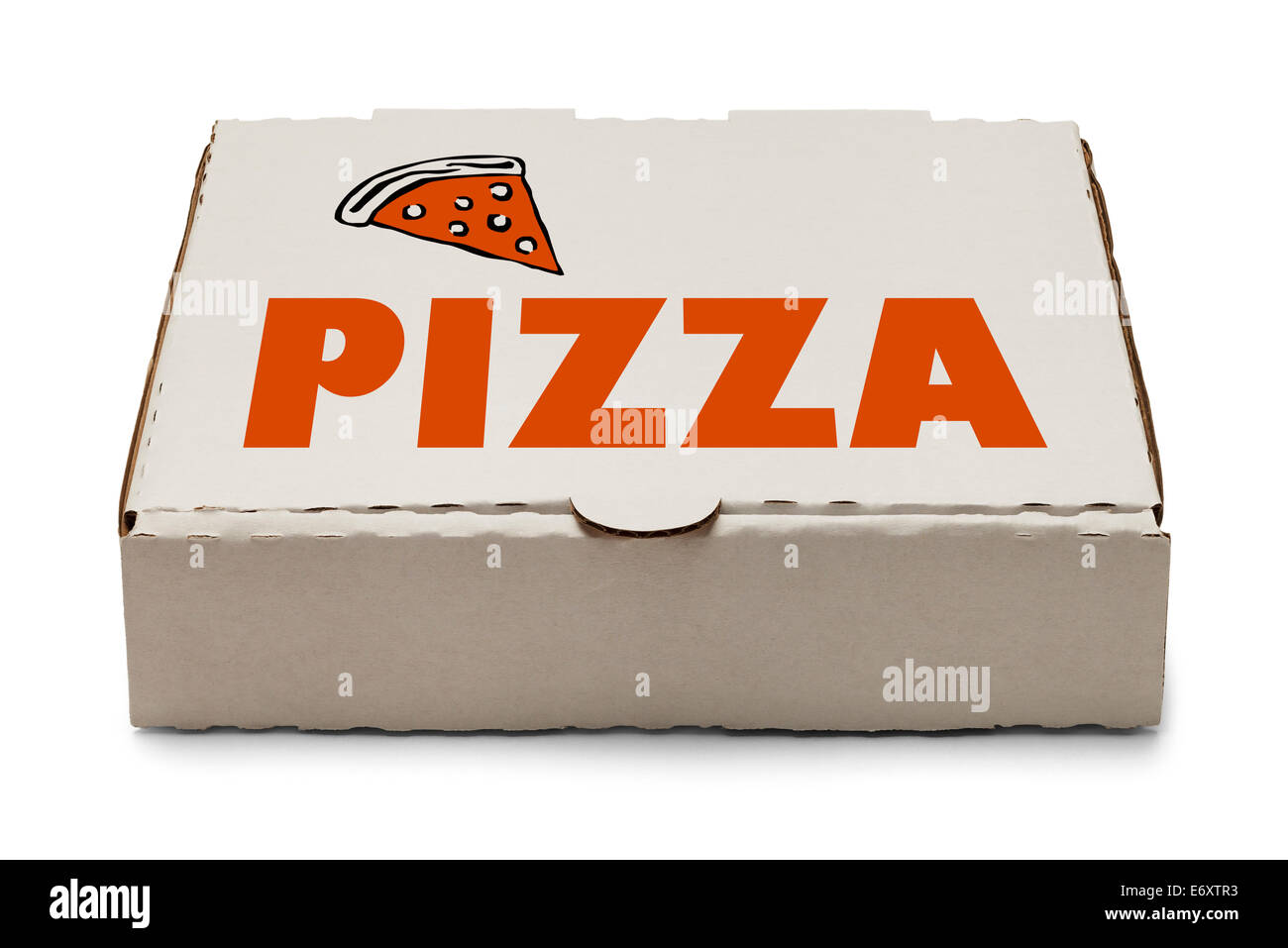 Boîte à pizza avec logo et Tranche de pizza isolé sur fond blanc. Banque D'Images