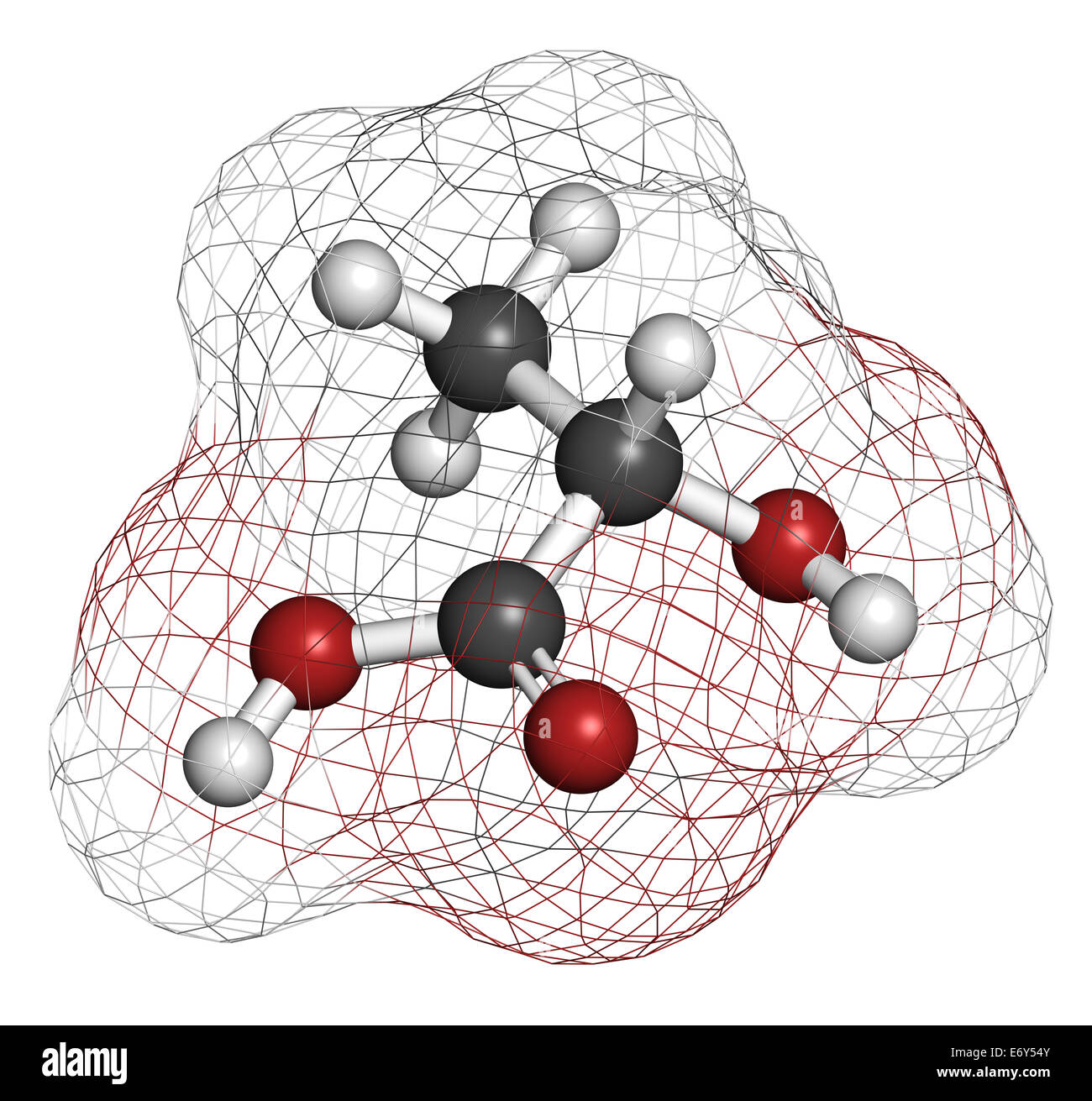 L'acide lactique (acide L-lactique) molécule de sucre de lait. La construction de l'acide polylactique (PLA) bioplastique. Présent dans le lait. Les atomes sont re Banque D'Images