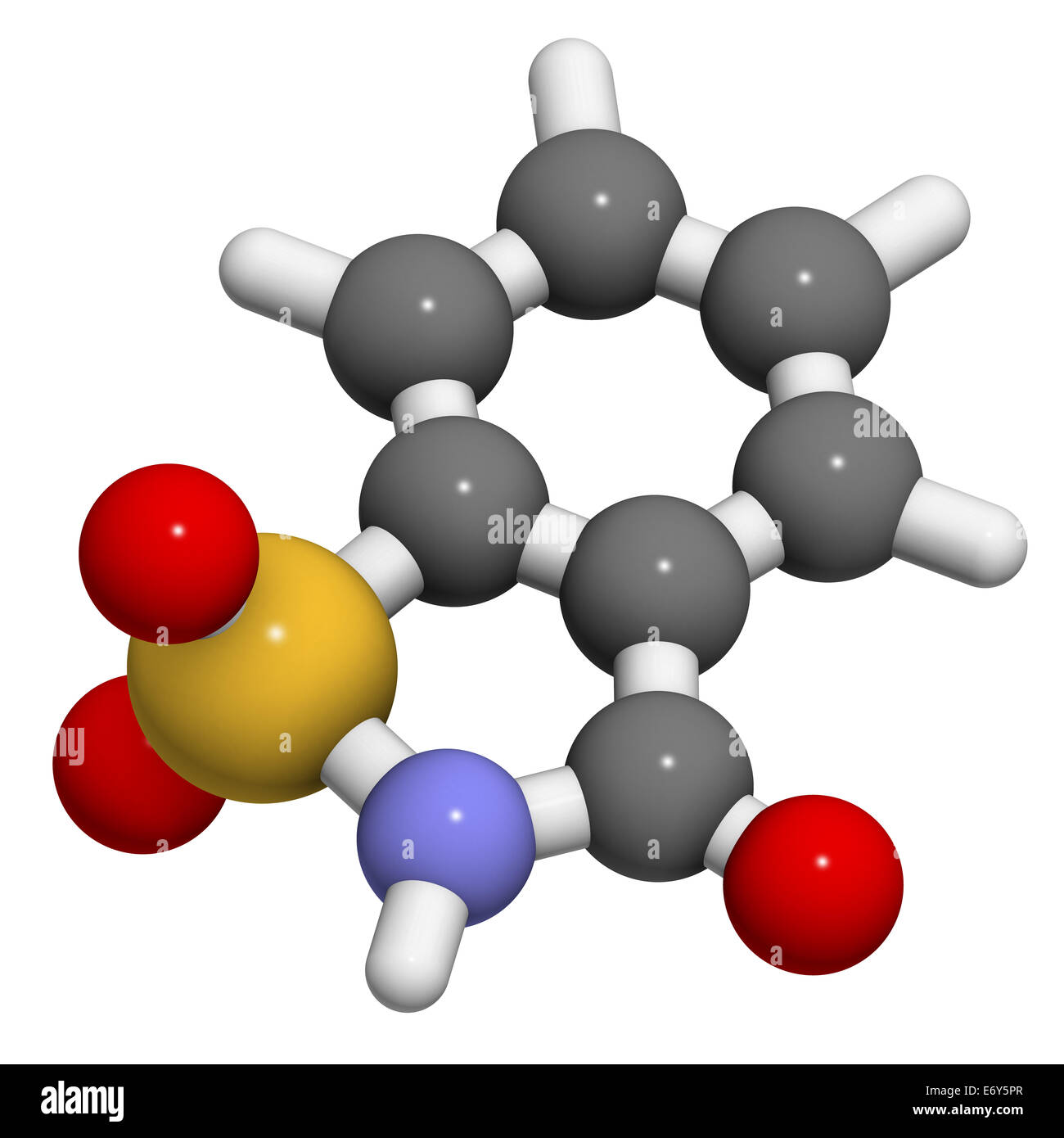 La saccharine édulcorant molécule. Les atomes sont représentés comme des sphères classiques avec codage couleur : blanc (l'hydrogène), le carb Banque D'Images