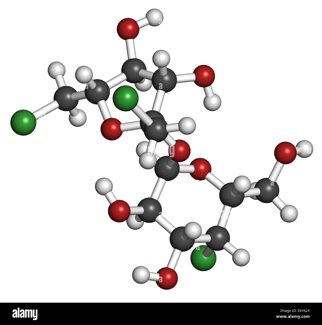 Le sucralose édulcorant molécule. Utilisé comme substitut du sucre. Les atomes sont représentés comme des sphères de couleur classiques codi Banque D'Images
