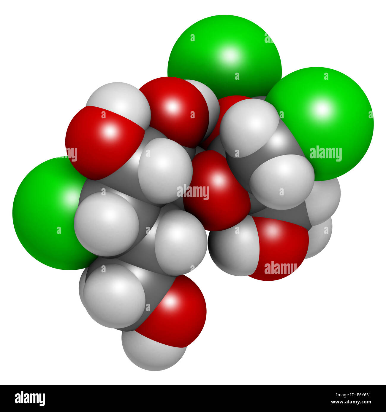 Le sucralose édulcorant molécule. Utilisé comme substitut du sucre. Les atomes sont représentés comme des sphères de couleur classiques codi Banque D'Images