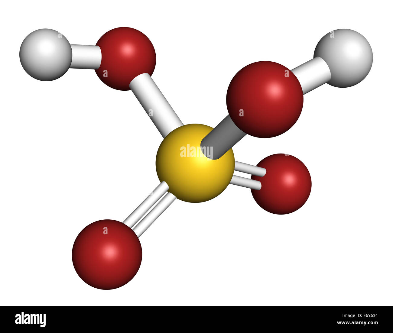 Molécule d'acide de soufre. Acides minéraux forts. Utilisé comme électrolyte acide-plomb dans les batteries d'automobile et de la production d'engrais. Les atomes Banque D'Images