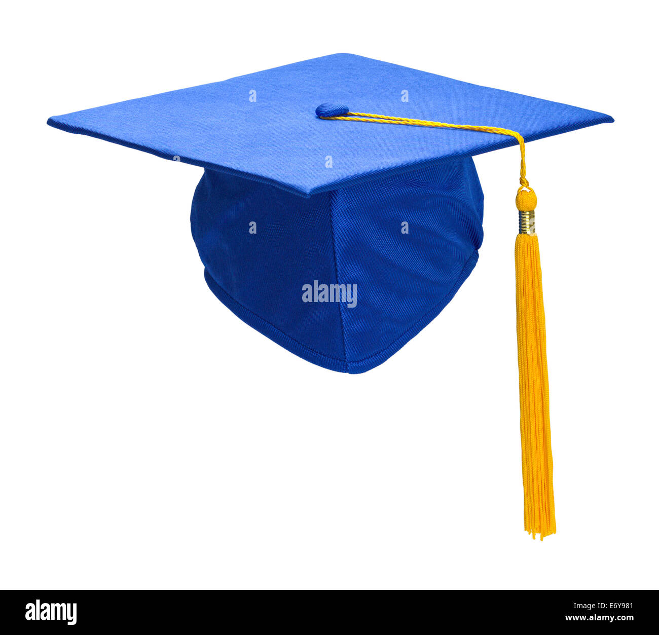 Graduation Hat bleu avec l'or Tassel isolé sur fond blanc. Banque D'Images
