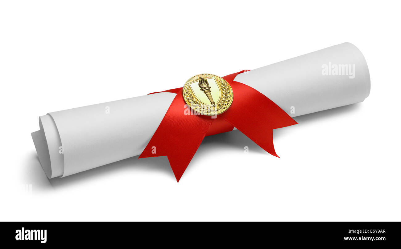 Diplôme avec ruban rouge et or Médaille Torche isolé sur fond blanc. Banque D'Images