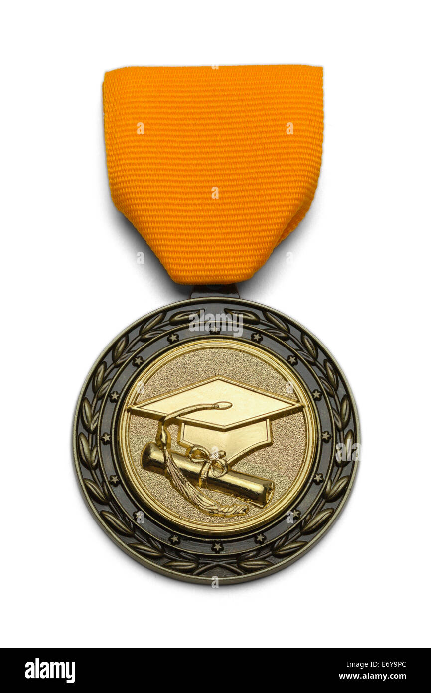 Médaille d'or avec graduation Hat et faites défiler isolé sur fond blanc. Banque D'Images