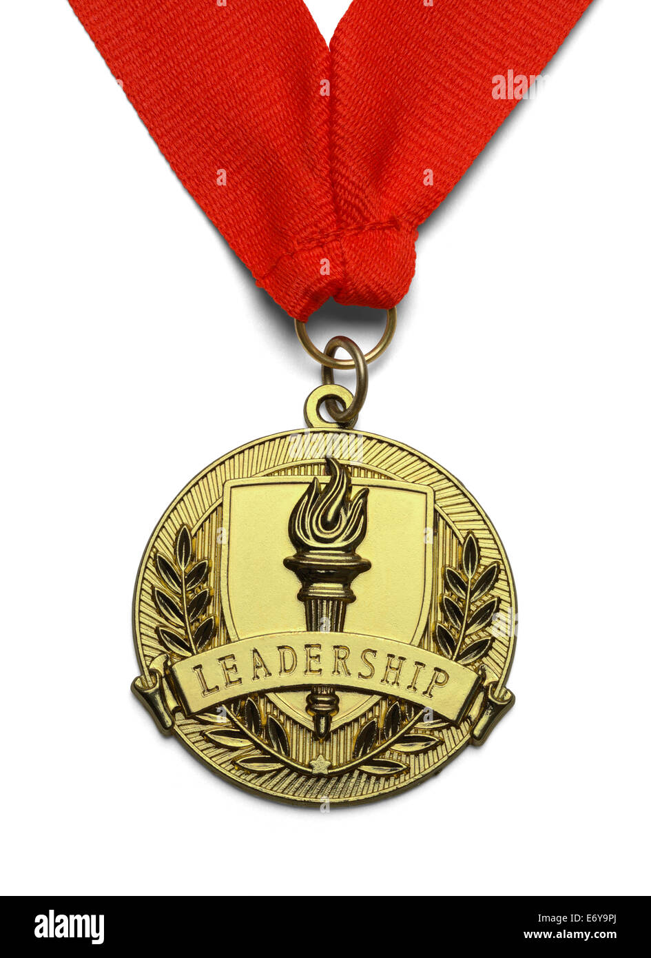 Médaille d'or avec une torche et le leadership isolé sur fond blanc. Banque D'Images