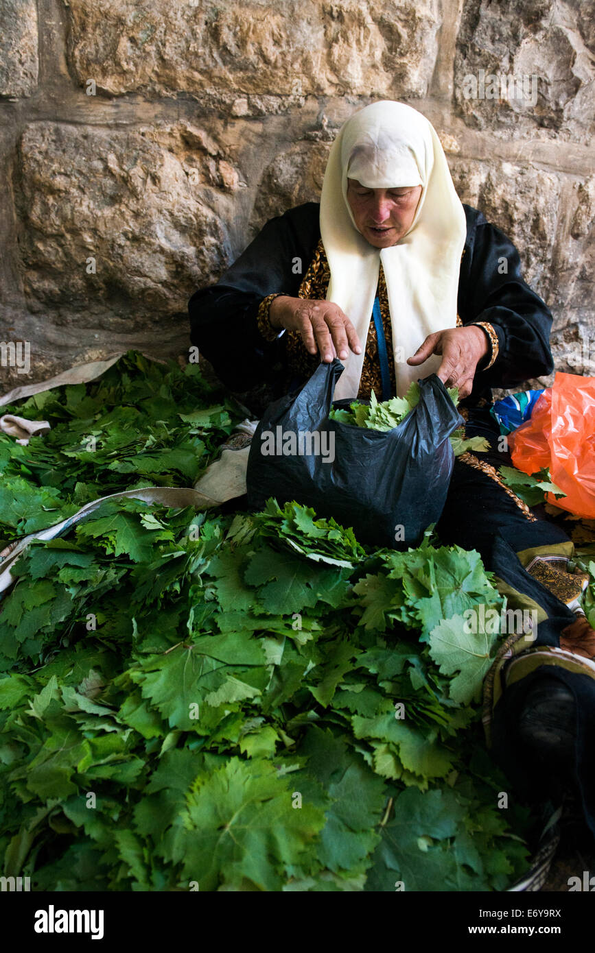 Une femme palestinienne la vente de feuilles de vigne dans l'olf ville de Jérusalem. Banque D'Images