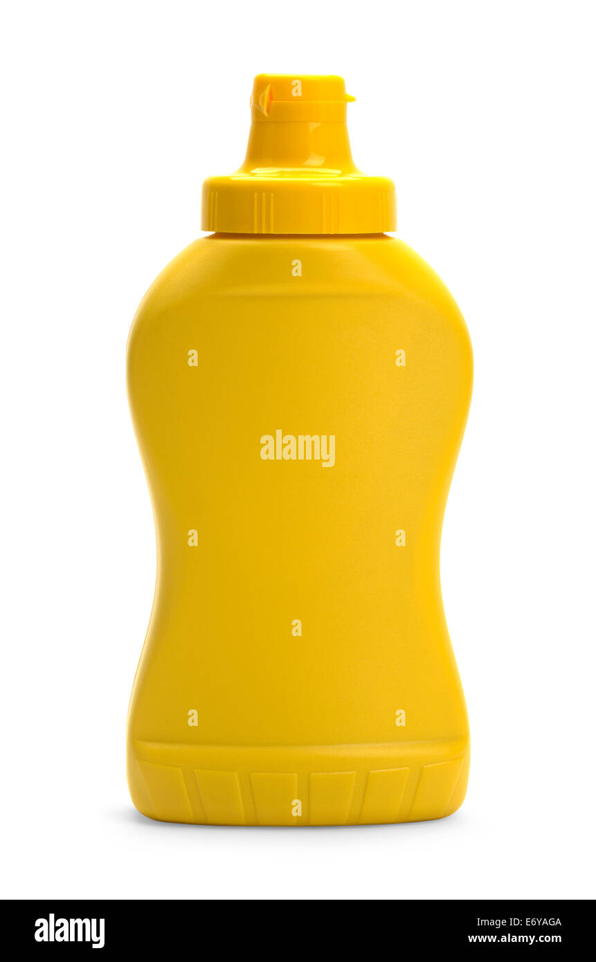 La moutarde jaune en Plastique Bouteille avec copie espace isolé sur fond blanc. Banque D'Images