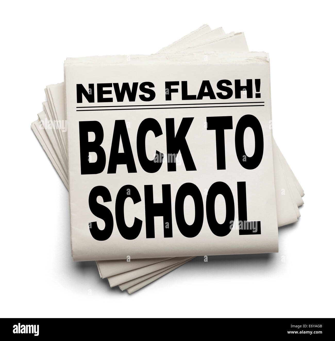 Flash info Retour au journal de l'école isolé sur fond blanc. Banque D'Images