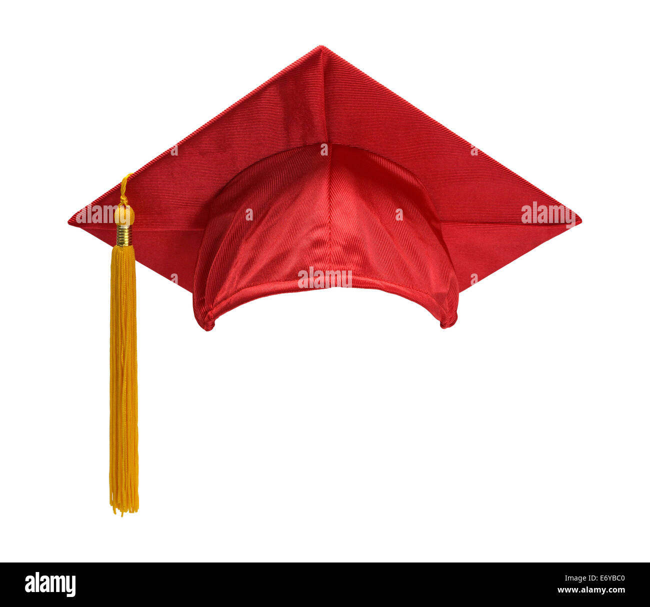 Graduation Hat rouge avec Gold Tassel isolé sur fond blanc. Banque D'Images