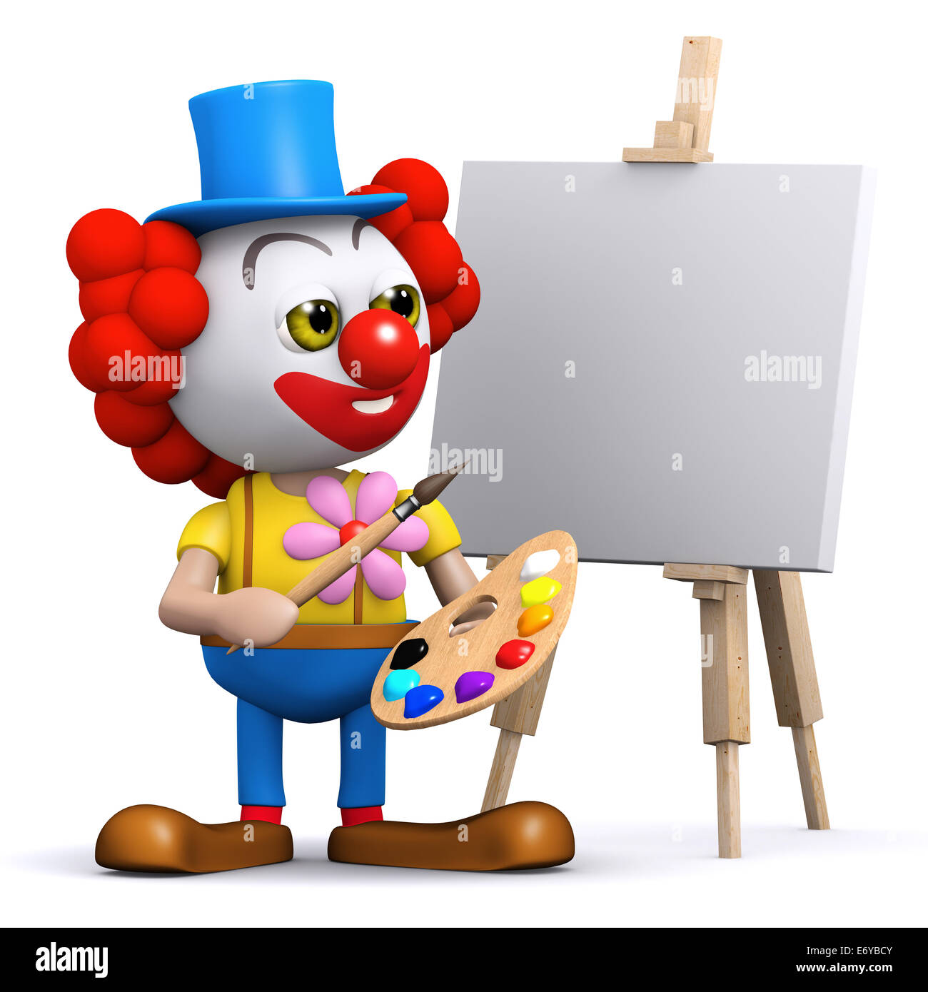 3D render of a clown peinture une toile sur un chevalet Banque D'Images