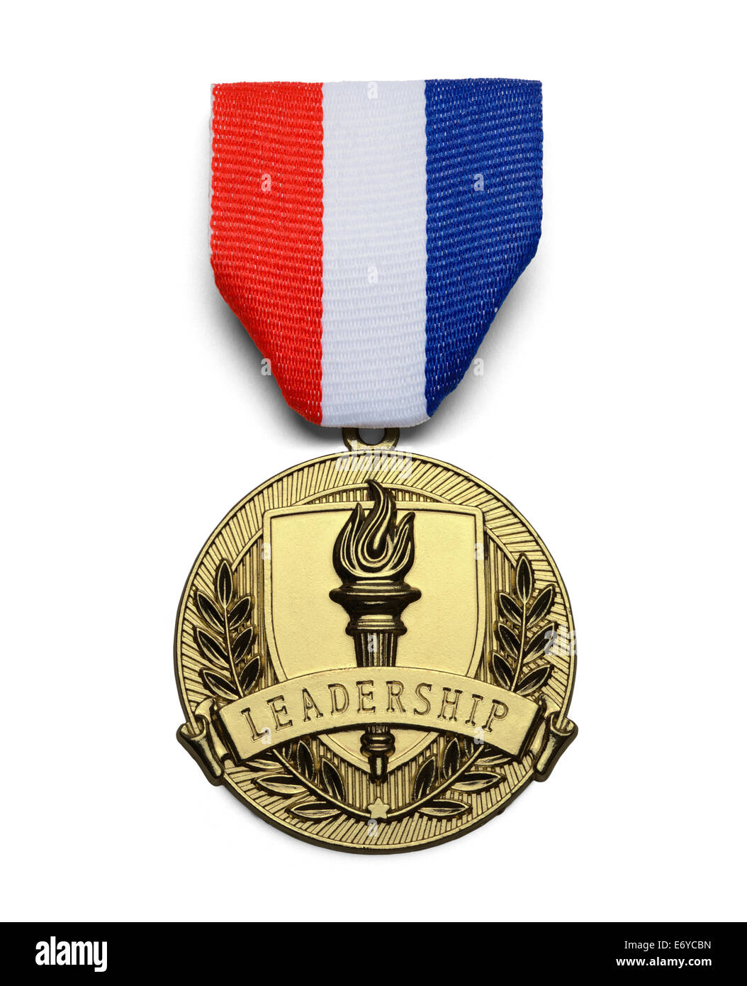 Médaille d'or avec une torche et Leadership Bouclier isolé sur fond blanc. Banque D'Images