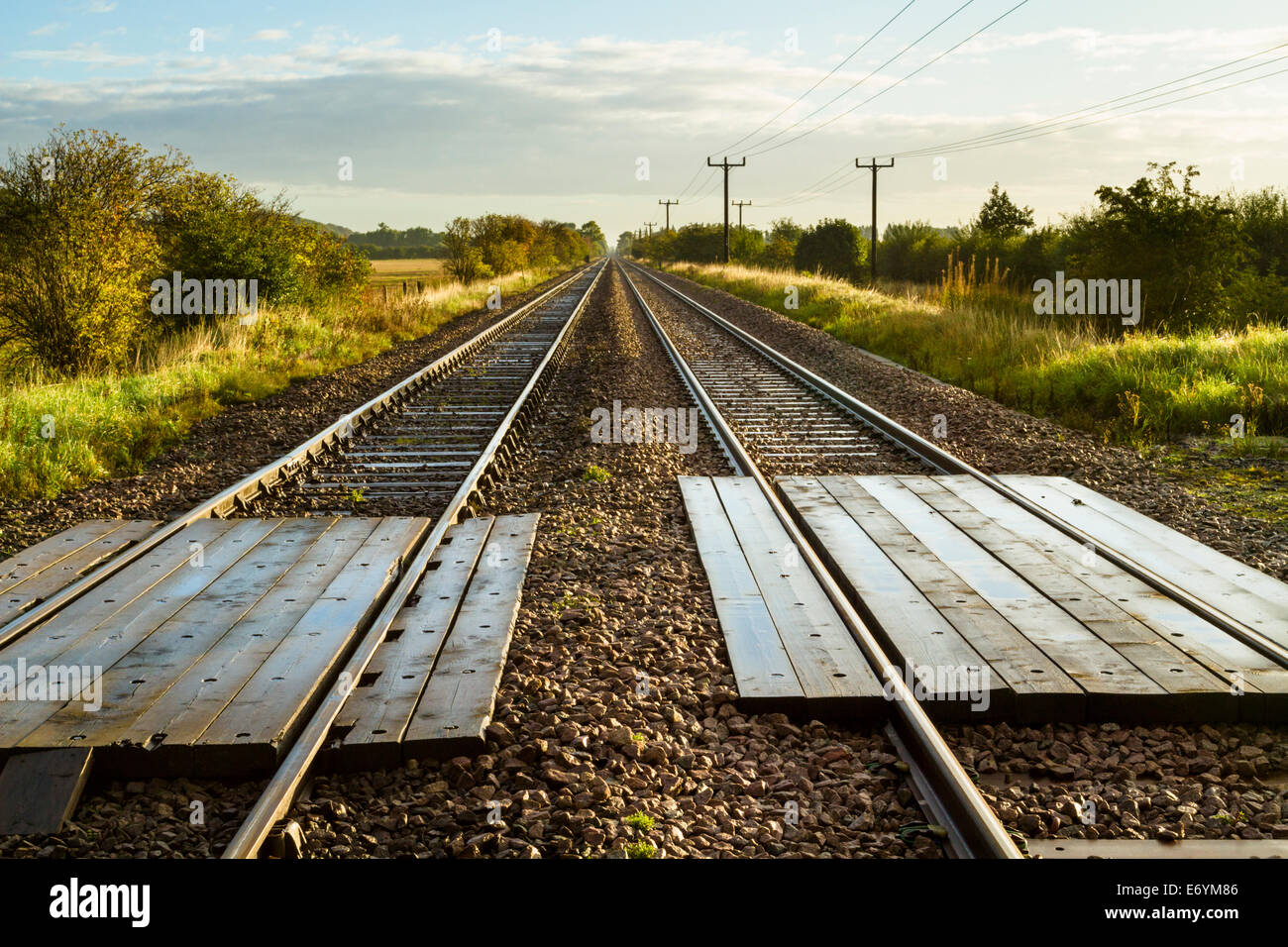 Planches en bois formant un passage à niveau non protégé et sans pilote sur une ligne de chemin de fer fonctionnant directement dans la distance, Dorset, England, UK Banque D'Images