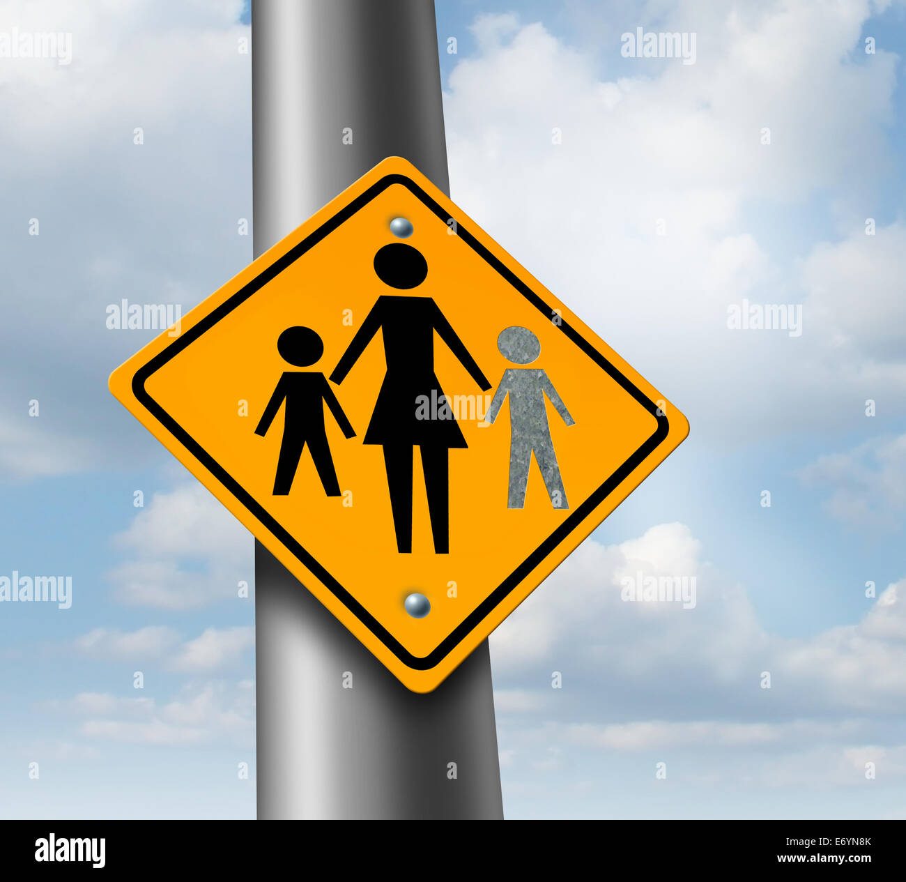 Enfants perdus ou manquants kid concept avec une icône de la mère et des enfants sur un panneau de circulation avec un point de peinture vides comme symbole de parents perdre leurs enfants dans l'échec d'adoption ou de désespoir. Banque D'Images