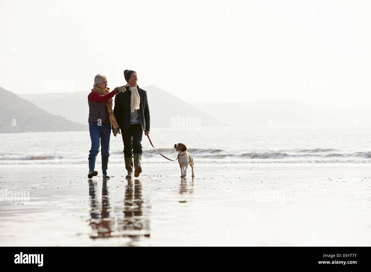 Couple le long de la plage d'hiver avec Chien Banque D'Images