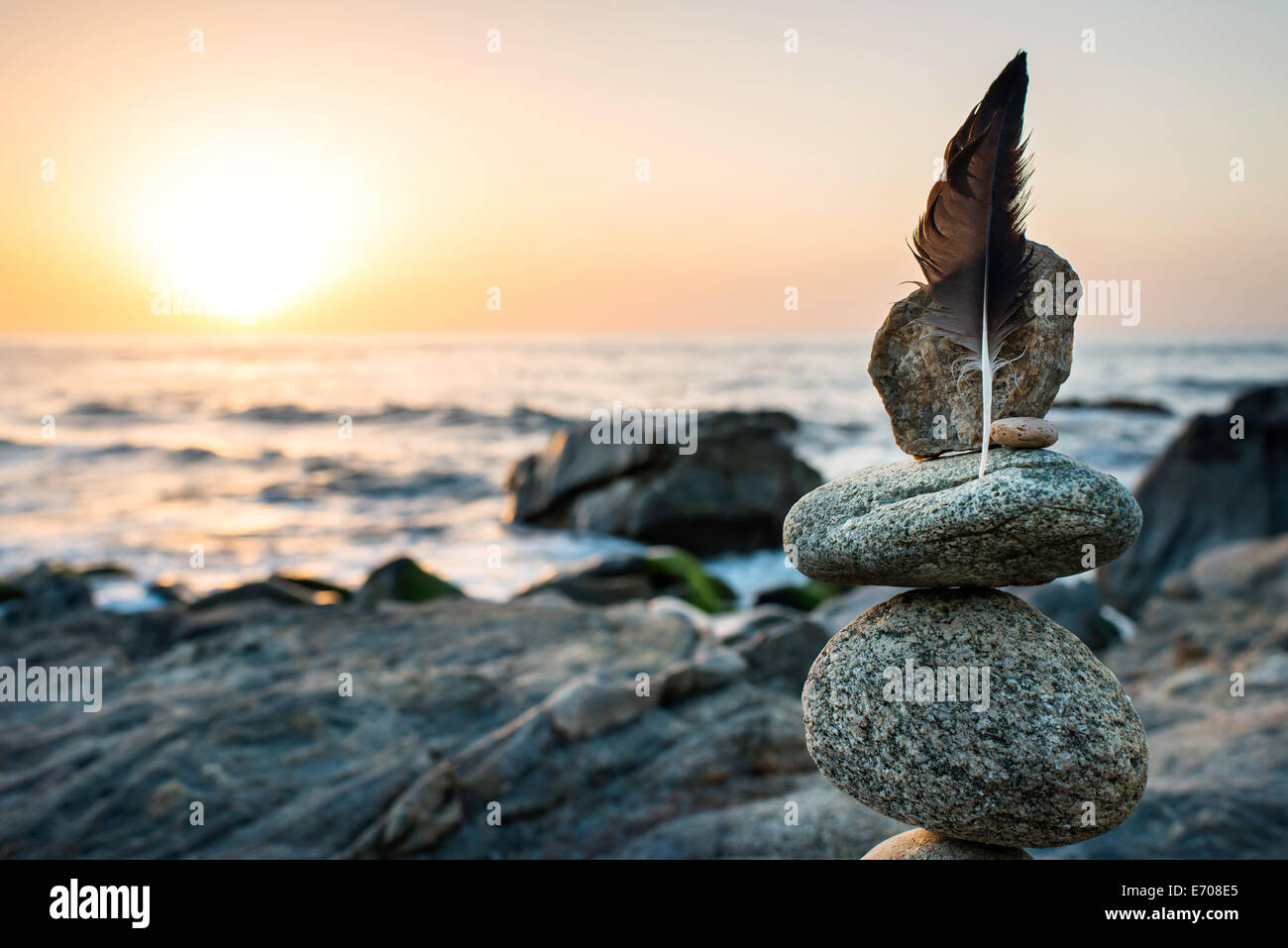 Still Life of rocks and Feather on beach Banque D'Images