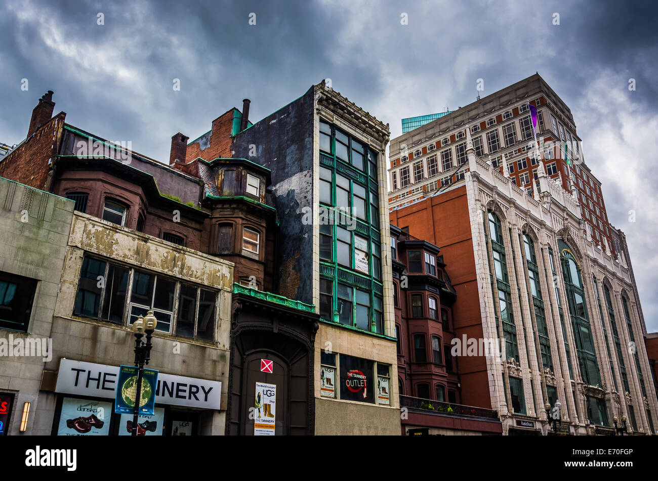 Magasins et bâtiments dans le centre-ville de Boston, Massachusetts. Banque D'Images
