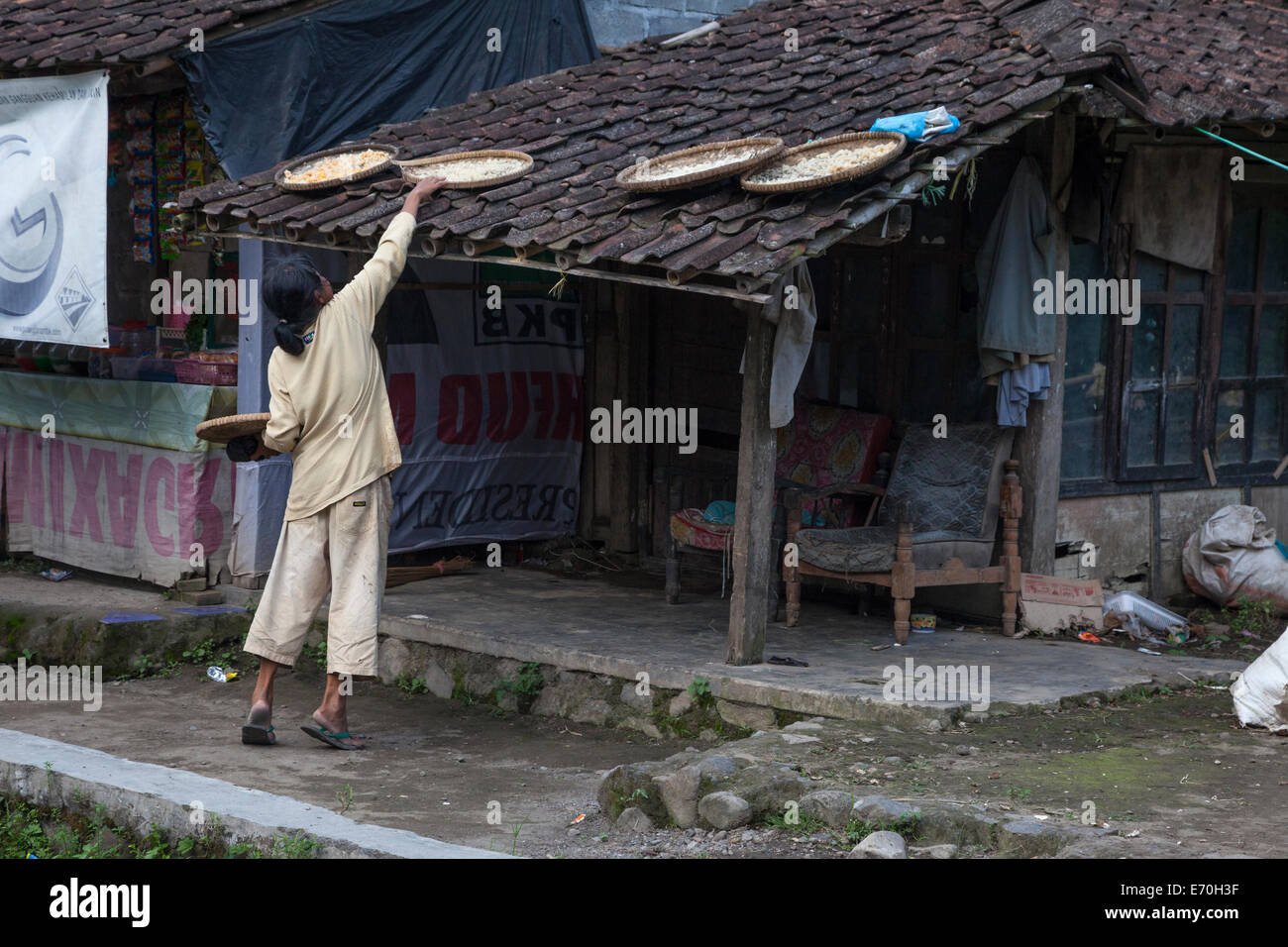 Borobudur, à Java, en Indonésie. Les femmes de la récupération des restes de riz cuit à l'utiliser dans les prochains repas. Banque D'Images