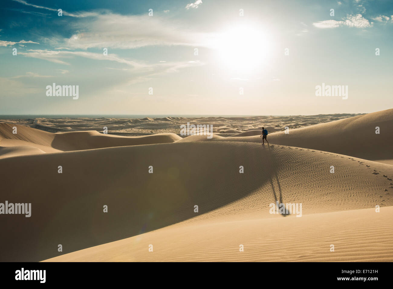 Homme randonnée dans les dunes de sable de Glamis, California, USA Banque D'Images