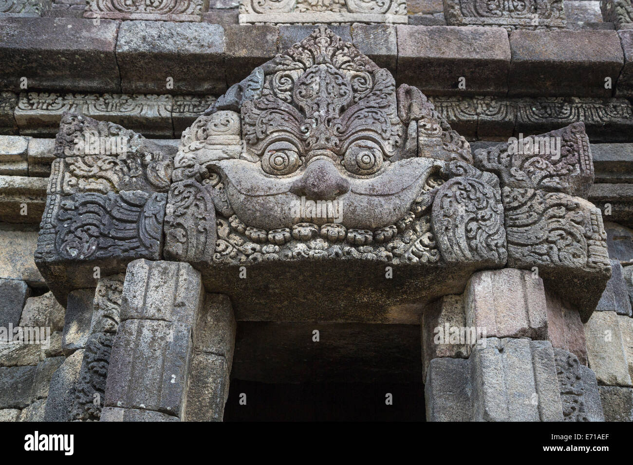 Yogyakarta, Java, Indonésie. Plaosan Temple Bouddhiste. Kala, dieu des enfers et symbole de l'époque. Banque D'Images